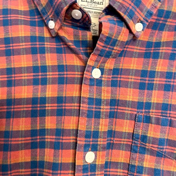 L.L. BEAN Mens Shirt Heavy 100% Cotton Plaid Slightly Fitted Blue Orange Size LG - Picture 3 of 10